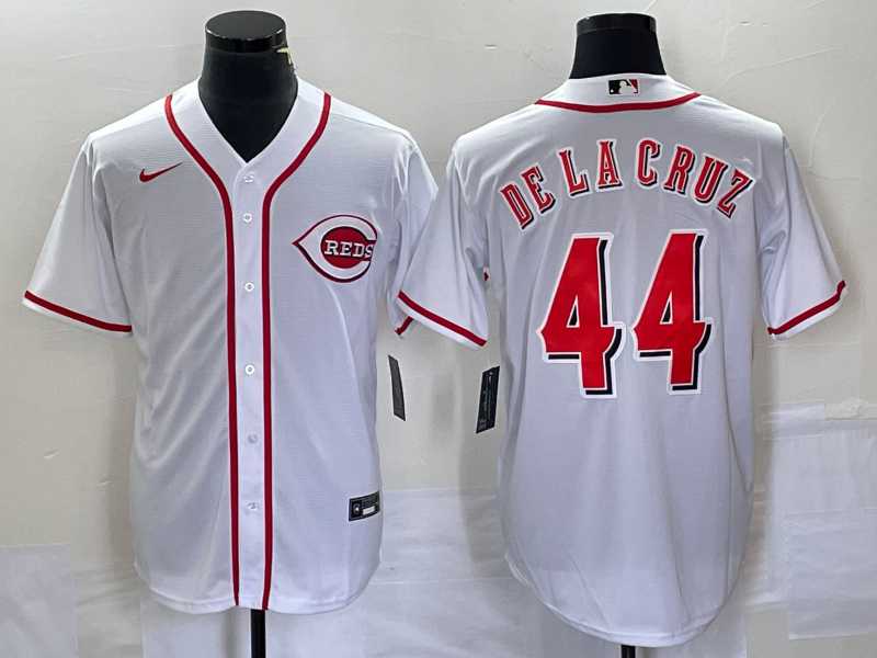 Mens Cincinnati Reds #44 Elly De La Cruz Number White Cool Base Stitched Baseball Jersey 1